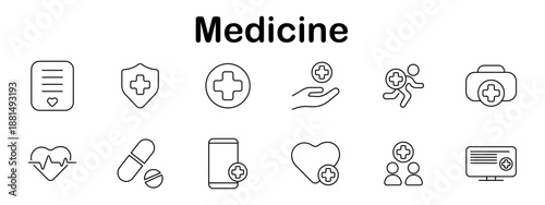 Medicine set icon. Medical form, shield, cross sign, caring hand, emergency, first aid kit, heartbeat, pills, phone, heart care, people, ID badge illustrated minimally.