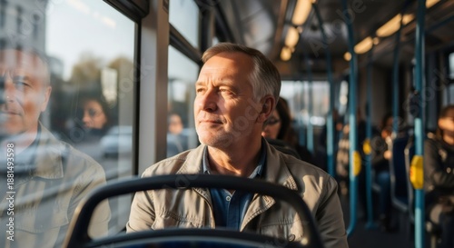 Mature man looking out of window on bus. Elder male commuting by public transport. Active lifestyle, retirement concept.
