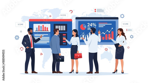 Business Team Analyzing Financial Data and Charts on Digital Screens