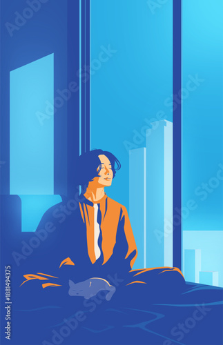 Lo-fi aesthetic art of a man sitting with pet cat against blue city skyline