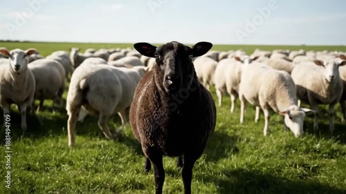 Black Sheep Standing Out in White Flock on Green Pasture – Individuality Concept