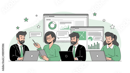 Business Meeting: Team Collaboration, Data Analysis, and Presentation