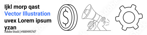 Finance, marketing, productivity, campaign management, business growth, communication tools. Line art icons of a dollar sign, megaphone and gear. Finance and marketing concepts
