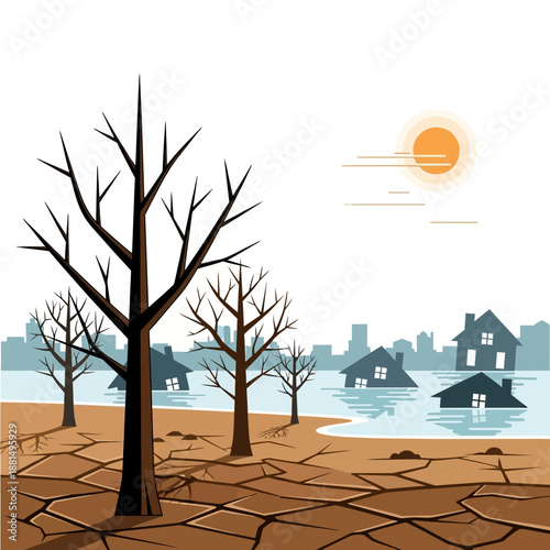Flooded city and cracked earth, climate change concept illustration