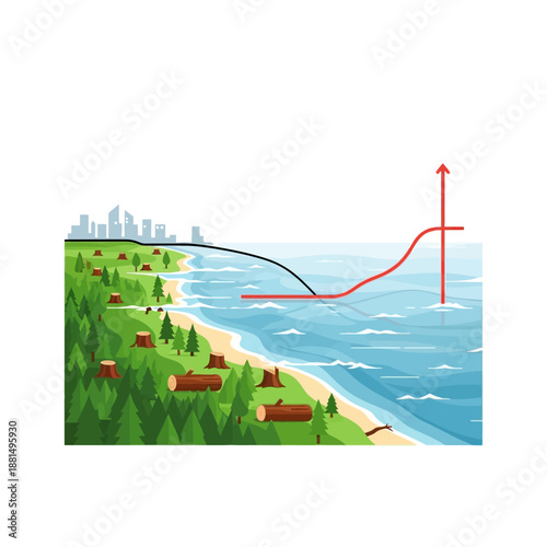 Deforestation and rising sea levels concept illustration