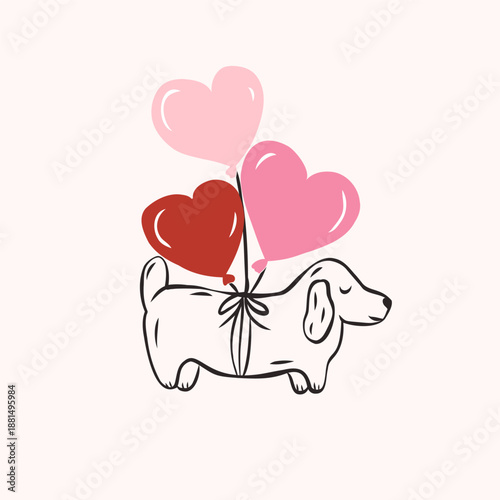 Flat vector dog with balloons illustration