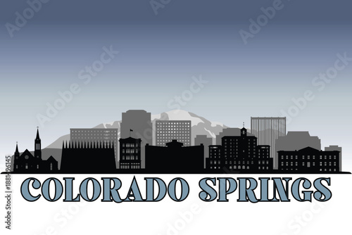 Global city Colorado Springs shown in a detailed vector skyline with grey rainy sky