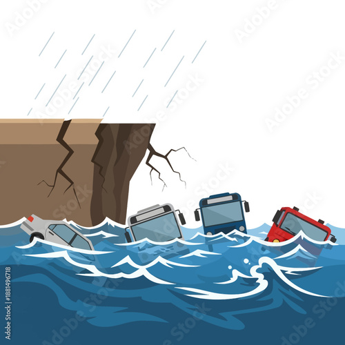 Flood disaster: vehicles submerged in water after heavy rain and landslide