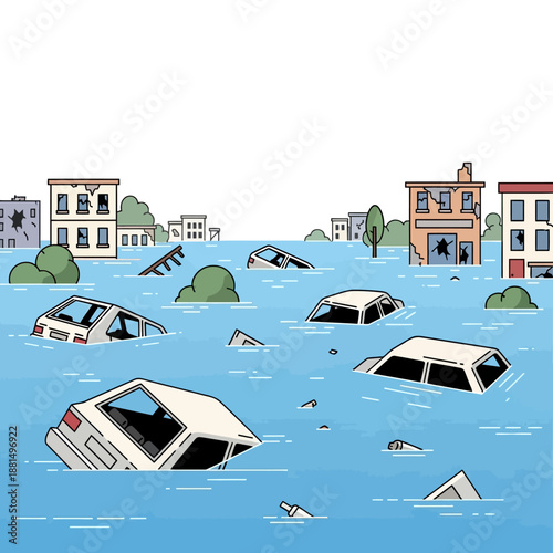 City flooded with submerged cars and damaged buildings, natural disaster concept.