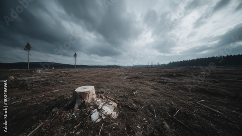 Deforested land with cut tree stumps under dramatic cloudy sky representing environmental destruction climate change deforestation and ecological crisis