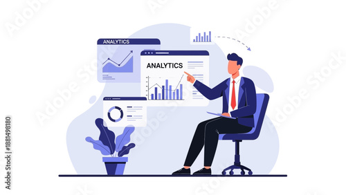 Business Analyst Presents Data Analytics Charts and Graphs on Screen