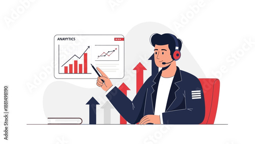 Business Analyst with Data Chart, Customer Support, Growth Arrows, White Background