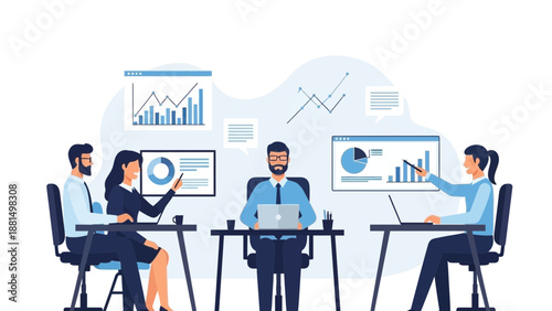 Business Meeting Team Analyzing Data Charts and Graphs on Screens