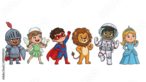 Cartoon Children Wearing Various Costumes. Diverse collection of cute children wearing various costumes like clown, viking, devil, elf, pirate, alien, and knight.