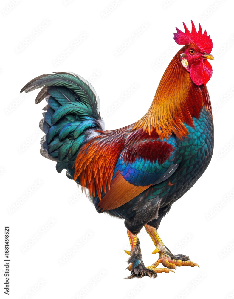 Fototapeta premium Colorful rooster displaying vibrant feathers in natural habitat isolated on transparent background