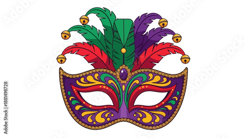 Colorful carnival party mask with white background vector flat. Vibrant colorful masquerade mask with feathers and beads against a plain white background in a flat lay composition.