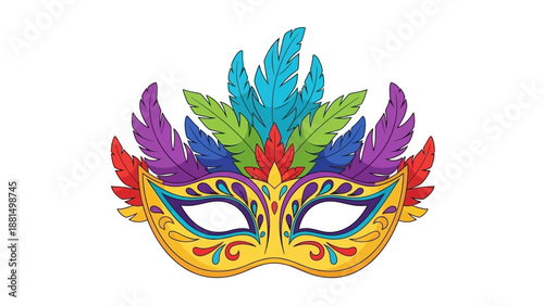 Colorful carnival party mask with white background vector flat. Vibrant colorful masquerade mask with feathers and beads against a plain white background in a flat lay composition.