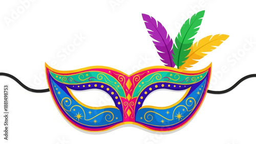 Colorful carnival party mask with white background vector flat. Vibrant colorful masquerade mask with feathers and beads against a plain white background in a flat lay composition.