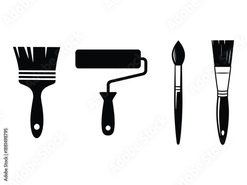 Painting Tools Icons Set with Brushes and Paint Roller Isolated on White