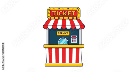 Cartoon carnival striped ticket booth kiosk isolated on white. Flat cinema, circus, theater, amusement park tent element with empty window. Entertainment and fun access purchase. Vector illustration