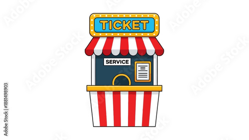 Cartoon carnival striped ticket booth kiosk isolated on white. Flat cinema, circus, theater, amusement park tent element with empty window. Entertainment and fun access purchase. Vector illustration