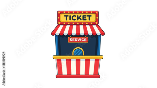 Cartoon carnival striped ticket booth kiosk isolated on white. Flat cinema, circus, theater, amusement park tent element with empty window. Entertainment and fun access purchase. Vector illustration