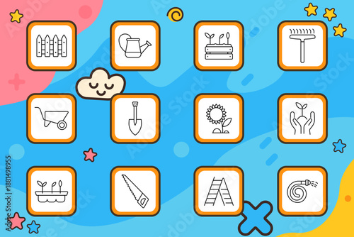 Gardening set icon. Fence, pot, flower, shovel, watering can, rake, hose, saw, wheelbarrow, hands, ladder, soil, planting elements for nature, yard, growth