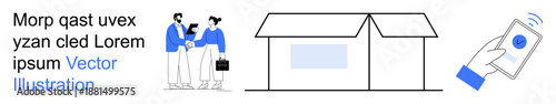 Business interaction, building structures, remote communication, digital tools, technology use, teamwork. Two people discussing with clipboards, a house and a smartphone receiving a signal. Business
