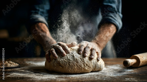  Baker hands kneading flour dough
