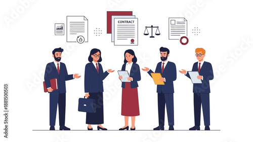 Business Team Discussing Contract and Legal Documents with Scales of Justice