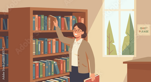 Librarian Organizing Books

A flat vector illustration of a librarian arranging books on shelves. Book spines neatly aligned, calm library interior. Clean flat vector style, solid colors, no gradients