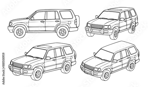 SUV Crossover Car Vector Outline Doodle Set Side Front Rear 3D Views for Print