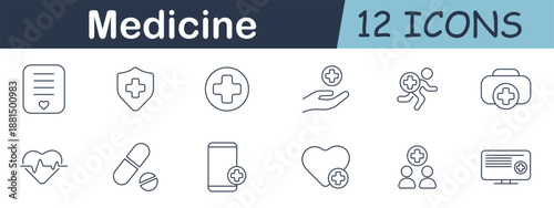 Medicine set icon. Line style icons showing pills, heart monitor, shield, medical file, mobile access, care hand, group care, emergency kit, prescription, patient movement