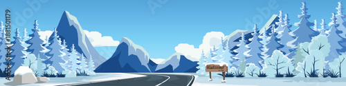 Winter vector landscape with a winding road through a snowy pine forest and blue mountains. Cold season nature background illustration suitable for Christmas holiday and travel design fro banner.