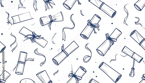 Seamless Graduation Pattern with Diploma Scrolls and Ribbons.