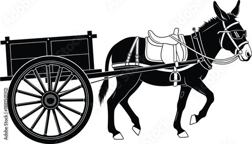 Black and white silhouette of donkey pulling traditional wooden cart, representing rural transportation, agricultural labor, and vintage countryside lifestyle for creative design and illustration use.