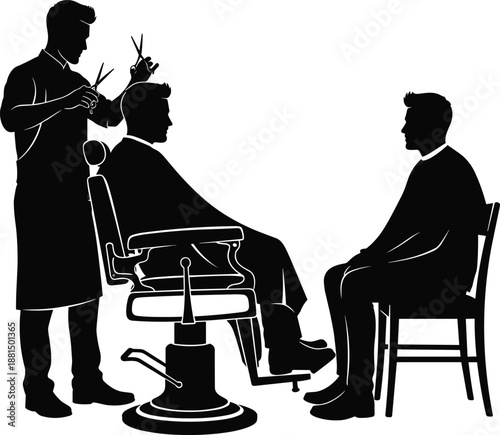 Black silhouette illustration of barbershop scene with haircut and waiting area, capturing grooming service, social interaction, and professional styling for creative and commercial design use.