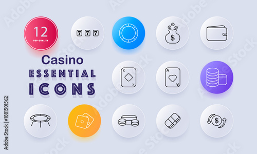 Casino set icon. Slot digits, poker chip, coin bag, wallet, playing cards, king card, ace card, chip stack, roulette table, coin cards, exchange arrows