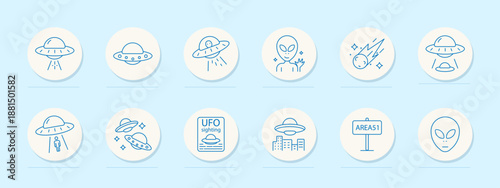 UFO set icon. Circular outline icons of flying saucers, aliens, abductions, city sightings, meteors, signs, and area 51 references in a simple extraterrestrial-themed design