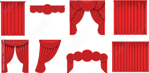 Collection of eight elegant red stage curtain designs with pleats, swags, and valances, ideal for theatrical, presentation, or interior decoration themes.