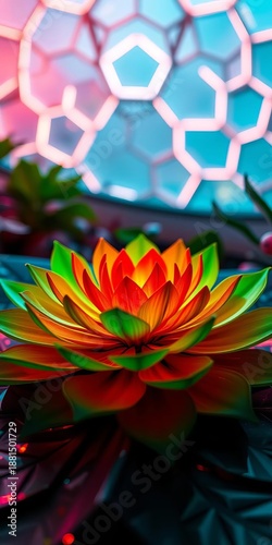 Petal arcs trace emerald hexagons, a crimson bloom unfurls at dawn's soft, geometric hush,  minimalist,  sharp focus