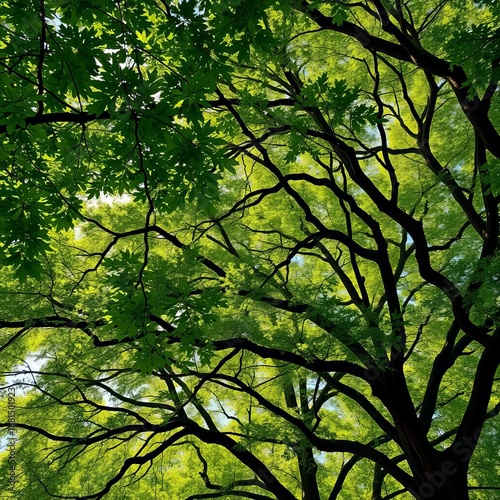 Lush green canopy of oak trees on a sunny day, dappled light filtering through,  vibrant,  green