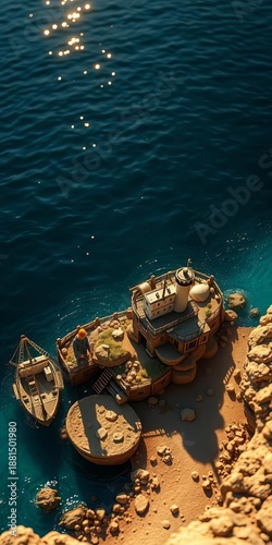 Golden light bathes tiny creator meticulously shaping a miniature coastal kingdom against azure depths, summer,  seaside