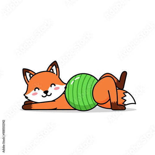 Cute cartoon fox exercising with a green fitness ball, playful animal illustration