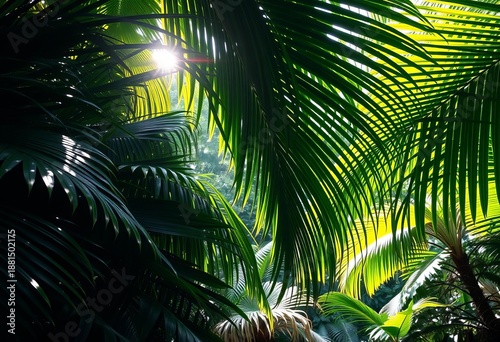 Lush green palm fronds, sunlight dappling jungle floor, summer, organic