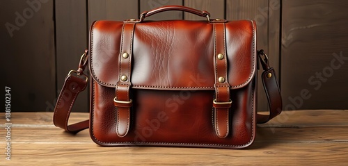 Handcrafted leather satchel, rich brown, vintage style,  briefcase,  objects