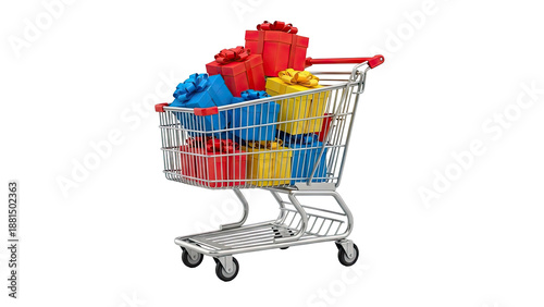 Shopping Cart Filled with Colorful Gift Boxes