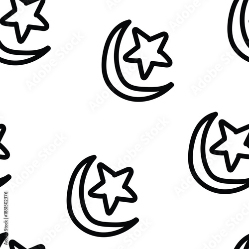 Star moon hand drawn seamless pattern. Islamic hand drawn illustration for sticker, postcard, wallpaper, mural, fabric, prints, etc