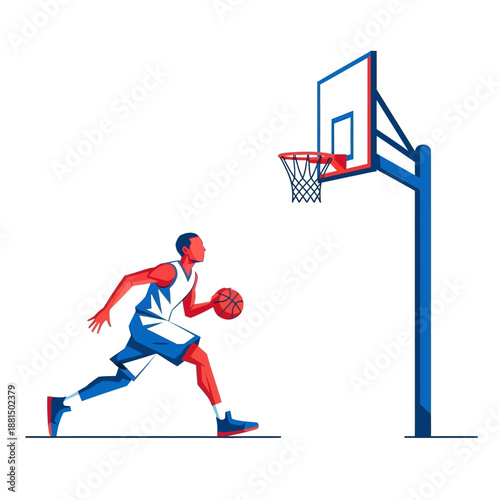 Basketball player dribbling ball near hoop, dynamic action illustration