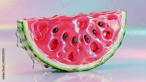Slice of watermelon with liquid glass texture and melting syrup details in vibrant neon colors